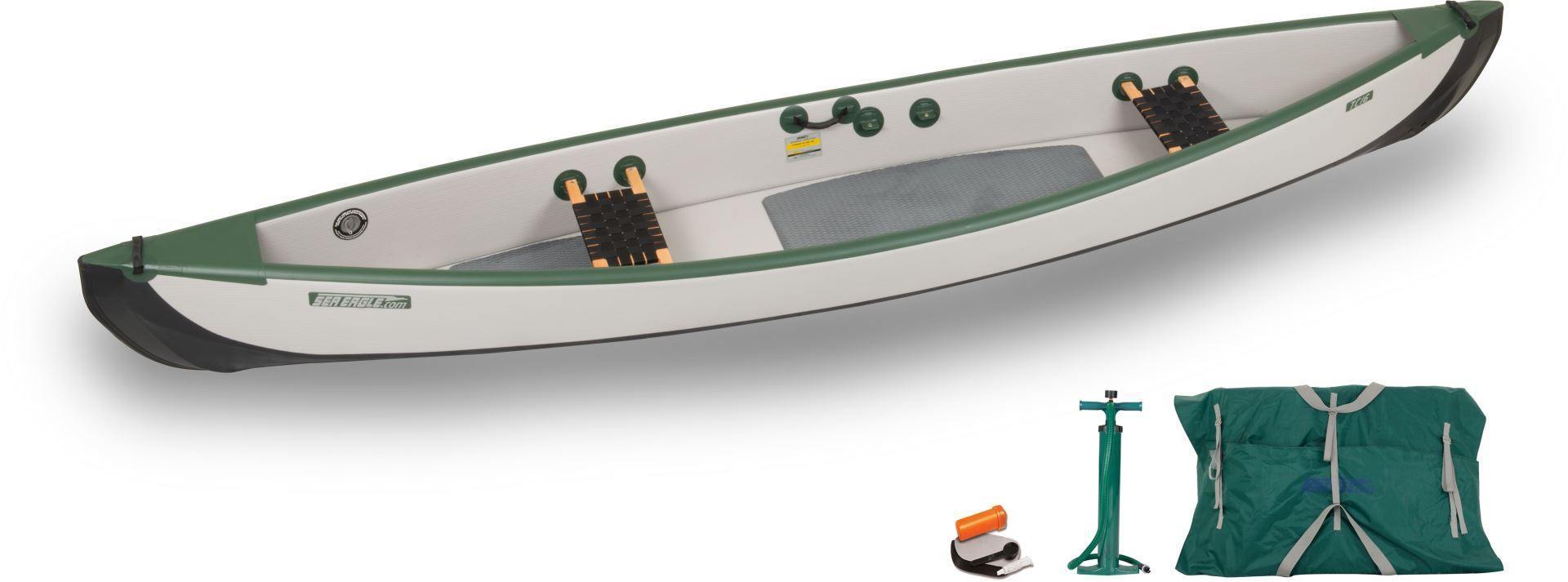 SeaEagle Inflatable Canoe Sea Eagle - TC16 3 Person 16' White/Green Inflatable Travel Canoe Wood/Web Seats Electric Pump Package ( TC16K_EP3W )