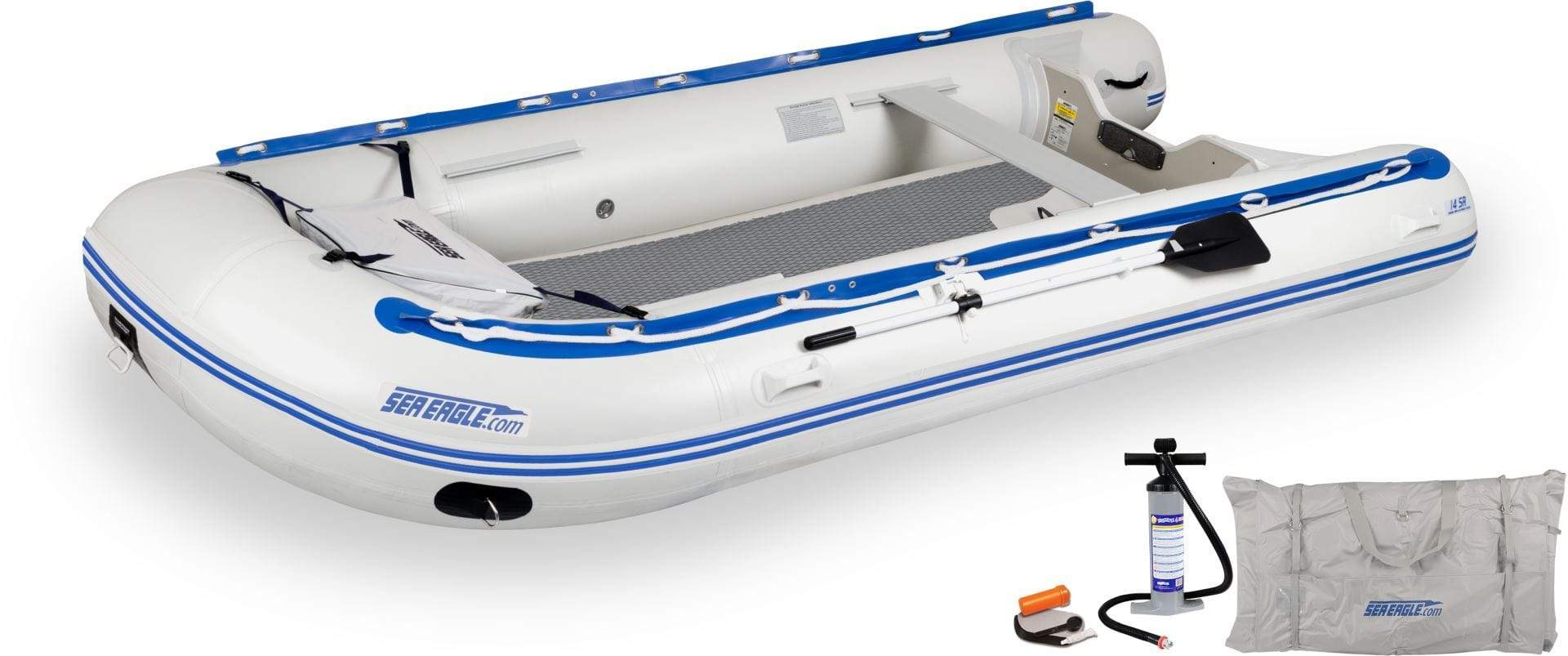 SeaEagle Transom Boat Packages Bench / Dropstitch Sea Eagle - 14SRK 7 Person 14' White/Blue Sport Runabout Inflatable Boat Swivel Seat Canopy Package ( 14SRK_SWC )