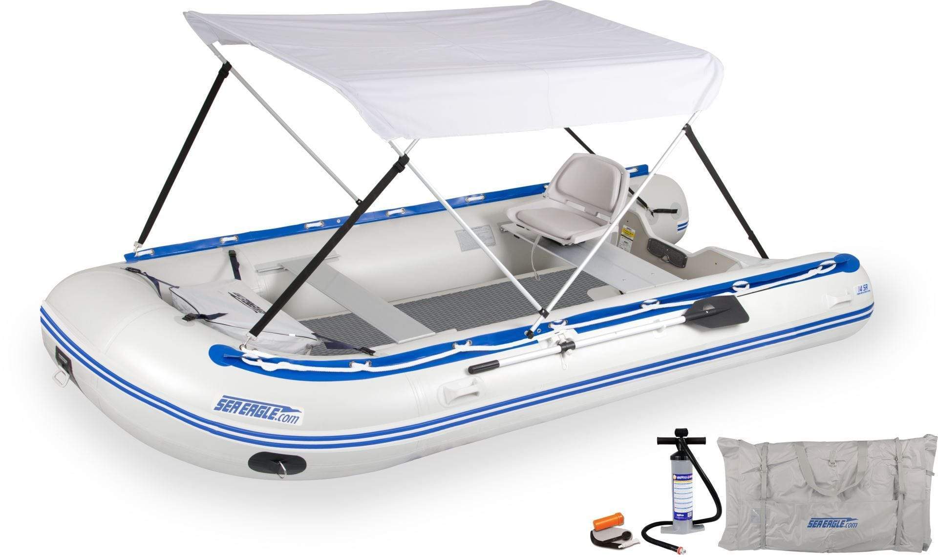 SeaEagle Transom Boat Packages Swivel Seat and Canopy / Dropstitch Sea Eagle - 14SRK 7 Person 14' White/Blue Sport Runabout Inflatable Boat Swivel Seat Canopy Package ( 14SRK_SWC )