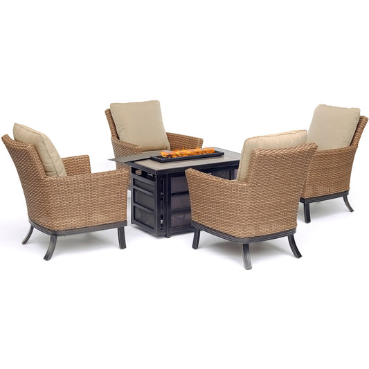 Hanover - Slater 5-Piece Fire Pit: 4 Woven Cushioned Chairs, Rectngl KD Fire Pit w/Tile - Fire Pit Chat Set - SLAT5PCRECFP