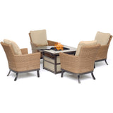 Hanover - Slater 5-Piece Fire Pit: 4 Woven Cushioned Chairs, Square KD Fire Pit w/Tile - Fire Pit Chat Set - SLAT5PCSQFP