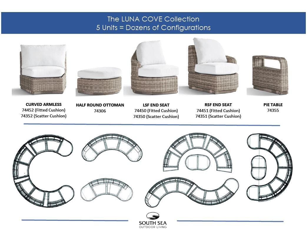 South Sea Outdoor Living Patio Furniture Luna Cove Luna Cove Curved-Wedge Armless by South Sea Outdoor Living - 74352 Scatter-Back, 74452 Fitted-Back