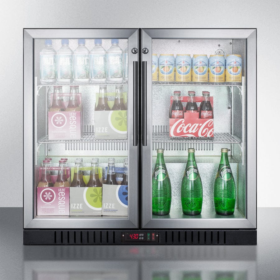 Summit Commercial Back Bar Beverage Center Summit - 36 Inch Commercial Beverage Merchandiser with Self-Closing Glass Doors, Digital Thermostat, Automatic Defrost, Factory-Installed Locks, Adjustable Shelves, Interior Light, CFC Free and 7.4 cu. ft. Capacity: Black Cabinet | SCR7012DBCSS