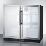 Summit Commercial Back Bar Beverage Center Summit - 36 Inch Commercial Beverage Merchandiser with Self-Closing Glass Doors, Digital Thermostat, Automatic Defrost, Factory-Installed Locks, Adjustable Shelves, Interior Light, CFC Free and 7.4 cu. ft. Capacity: Black Cabinet | SCR7012DBCSS