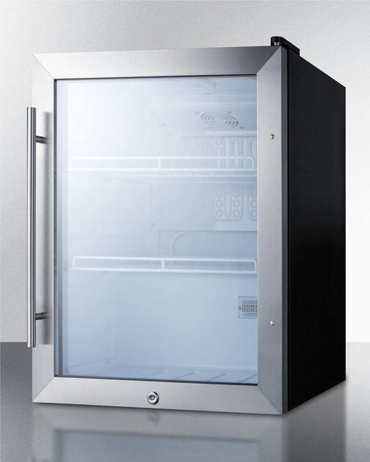 Summit Commercial Compact Beverage Center 19 Inch Compact Commercial Beverage Center with 2.1 Cu. Ft. Capacity, Double Pane Tempered Glass Door, Stainless Steel Trim, Adjustable Shelves, Factory Installed Lock, Automatic Defrost, and ETL-S Listed to NSF-7 Standards