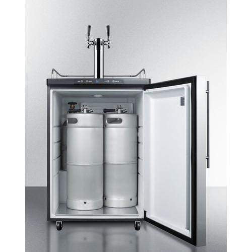 Summit Commercial Freestanding Beer Dispensers 24 Inch Commercial Kegerator with 5.6 Cu. Ft. 1/2 Barrel (or 1/6) Capacity, Sankey Dual Tap Kit, Automatic Defrost, Digital Thermostat, Stainless Steel Wrapped Door, and ETL-S Listed to NSF-7 Standards