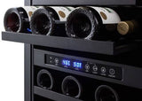 Summit Undercounter Wine Cellars 18 Inch Undercounter Dual-Zone Wine Cellar with 28 Bottle Capacity, Factory-Installed Lock, Automatic Defrost, LED Lighting, Digital Thermostat, Digital Display, CFC Free and 3.3 cu. ft. Capacity: Stainless Steel Ca: Black Cabinet, Right Hinge