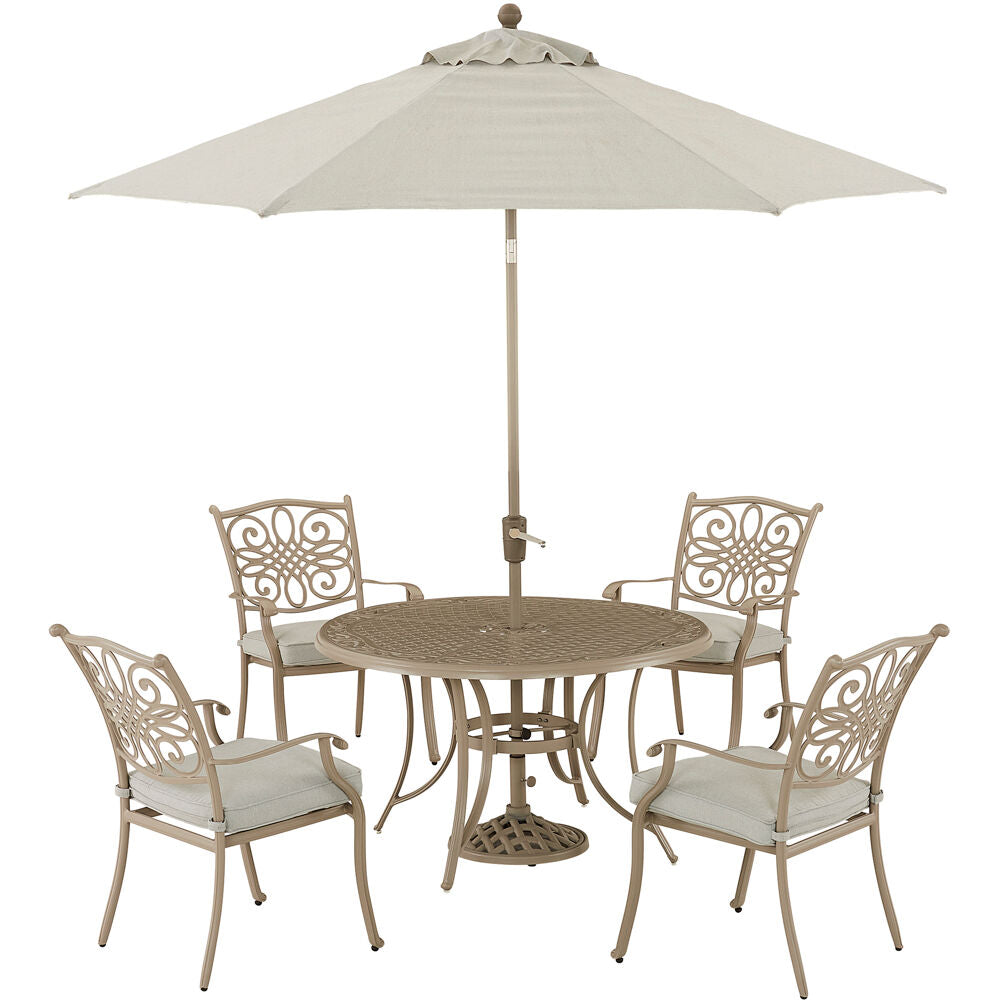 Hanover - Traditions 5-Piece Outdoor High-Dining Set With 4 Dining Chairs, 48" Round Cast Table, Umbrella & Base - Sand/Beige - TRADDNS5PC-BE-SU