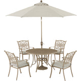 Hanover - Traditions 5-Piece Outdoor High-Dining Set With 4 Dining Chairs, 48" Round Cast Table, Umbrella & Base - Sand/Beige - TRADDNS5PC-BE-SU